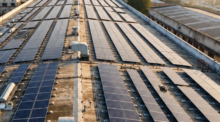 Rows of solar panels across a large factory rooftop