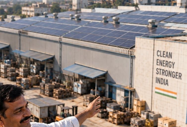 Factory owner pointing at solar panels on warehouse roofs