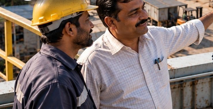 Factory owner and engineer on a factory rooftop in Haryana